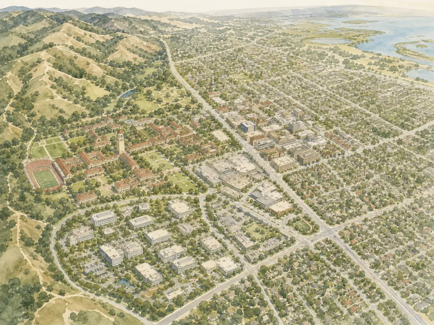 Illustrated service area map for aura photography in Palo Alto
