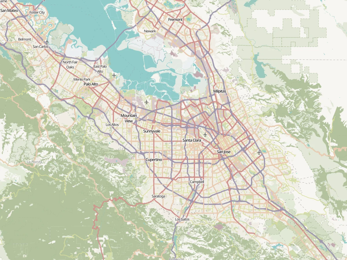 Illustrated service area map for aura photography in San Jose